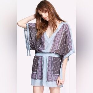 Free People Santa Cruz Mini Dress Kimono Tunic Blue Paisley S Festival Boho NWOT